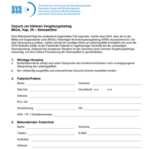 Formular Gesuch Übernahme der Mehrkosten Stoma Material